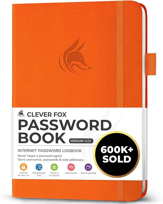 Clever Fox Password Book with alphabetical tabs. Internet Address Organizer Logbook. Medium Password Keeper for Website Logins (Orange)