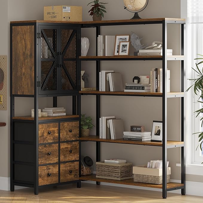 Corner Bookshelf, 5 Tier Industrial Convertible Bookshelf with 6 Fabric Drawers, Corner Bookcase Large L Shaped Storage Display Shelf for Home Office, Living Room, Kitchen, Rustic Brown