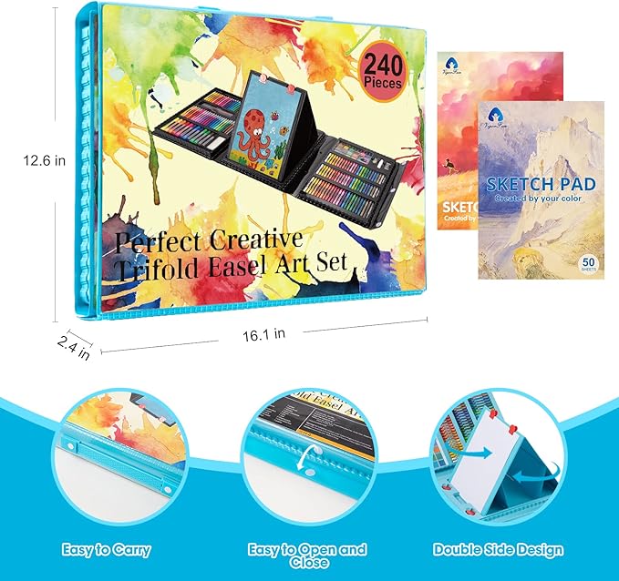 VigorFun Art Supplies, 240-Piece Drawing Art Kit, Gifts Art Set Case with Double Sided Trifold Easel, Includes Oil Pastels, Crayons, Colored Pencils, Watercolor Cakes, Sketch Pad (Blue)