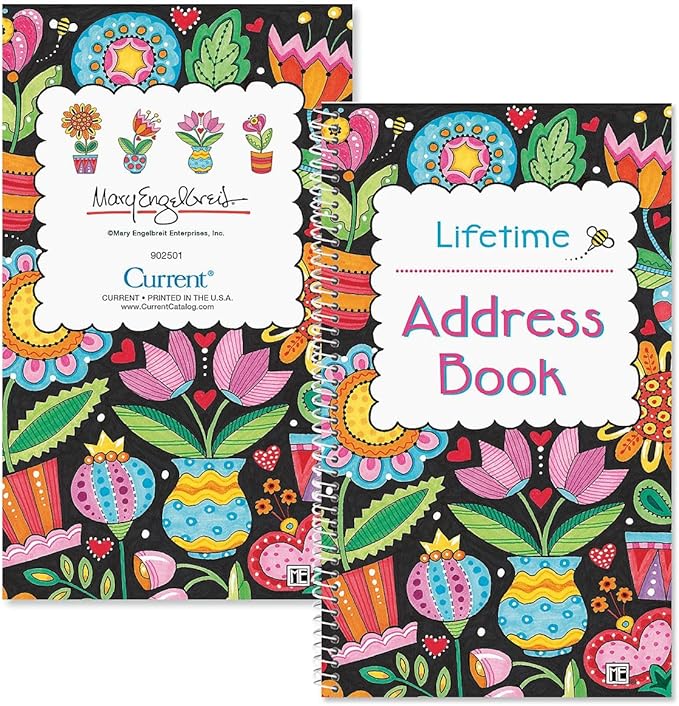 Current Mary Engelbreit Address Book - 94 Pages; Small 5" x 8-1/2" Size for Purse or Office, Spiral Bound Soft Cover Organizer for Contacts, Addresses, Email, & Phone Numbers + 50 Replacement Stickers
