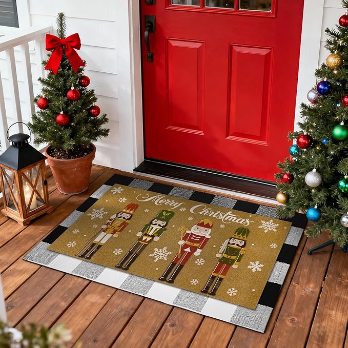 2 Pcs Christmas Welcome Doormats 30 x 17 Inch Christmas Nutcracker Coir Door Mats for Front Doors Nonslip 2-in-1 Seasonal Buffalo Plaid Rug for Holiday Outside Entrance Porch Home Decor