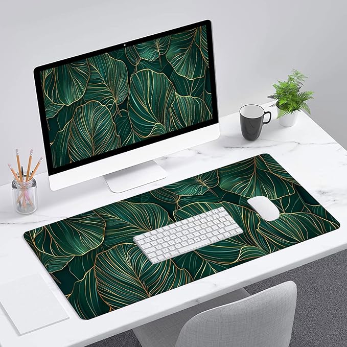 Green Leaves Desk Mat Gaming Mouse Pad Gold Tropical Palm Leaves Large Gaming Mouse Mat with Stitched Edges,Non-Slip Waterproof Rubber Base Mous Mat Office Computer Keyboard Laptop Home 31.5"x11.8"