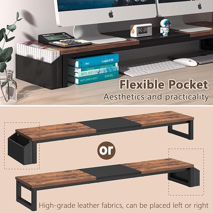 LAND·VOI Dual Monitor Stand Riser,41.5'' Long Monitor Stand for 2 Monitors, Wood Computer Riser with Pocket, Desktop Oraganizer with Pen Holder, Monitor Riser for Desk Computer,Laptop,TV, Rustic Brown