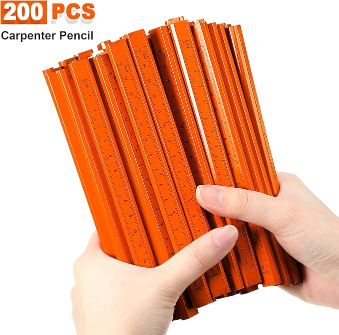 Honoson 200 Pcs Flat Construction Pencils with Printed Ruler Wood Graphite 2 Pcs Carpenter Pencil Sharpener for Woodworking Marking Tool(Orange)