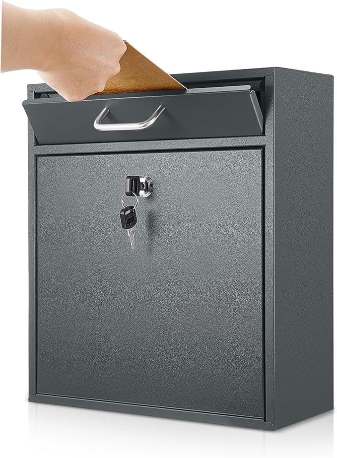 Locking Mailbox with Key for Outdoor 12 x 10.5 x 4.7 Inches Large Wall Mount Mail Box with Lock Security Mail Drop Metal Collection Boxes Hanging Secure Postbox(Dark Gray)