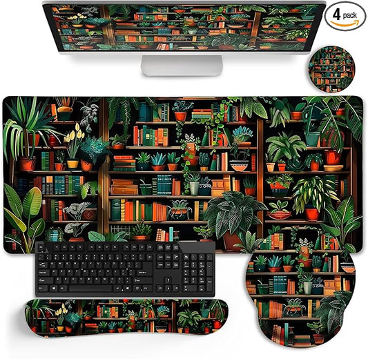 Book Mouse Pad Set Large Desk Matt for Desktop, Ergonomic Mouse Pad with Wrist Rest, Gaming Mouse Pad Wrist Support Keyboard Mat Cup Coaster Set Cute Office Desk Decor Accessories