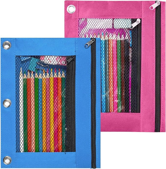Sooez Pencil Pouch for 3 Ring Binder, 2 Pack Fabric Binder Pouch with 2 Pockets, Pencil Bags with Zipper and Reinforced Grommets, Pencil Cases for Binder