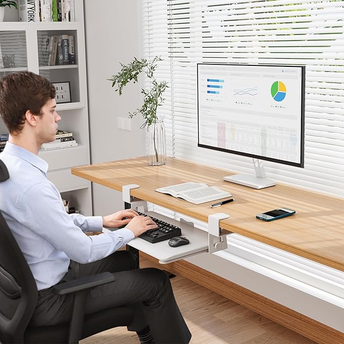 BONTEC KMT01-PJ Under Desk Keyboard Tray, Pull-Out Keyboard & Mouse Platform with C-Clamp, 20 x 11.8 in Space-Saving Ergonomic Slide-Out Drawer, White