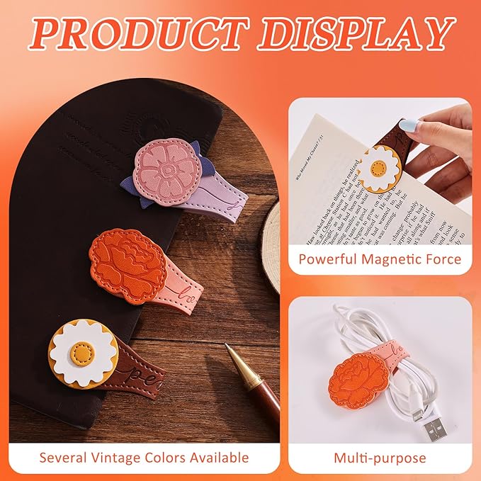 3 PCS Fruit of Spirit Magnetic Leather Bookmarks, Floral Patterns (Love Joy Peace) of Galatians, Bible-Inspired Page Markers, Double-Sided Clips, Gift for Book Lovers, Students, Book Accessories