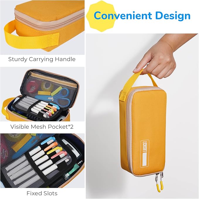 ECHSRT Pencil Case for Men Women, Large Pen Bag for Adults, Portable Pencil Pouch Aesthetic with Handle, Zipper Cases for Office Organizer Yellow for Girls