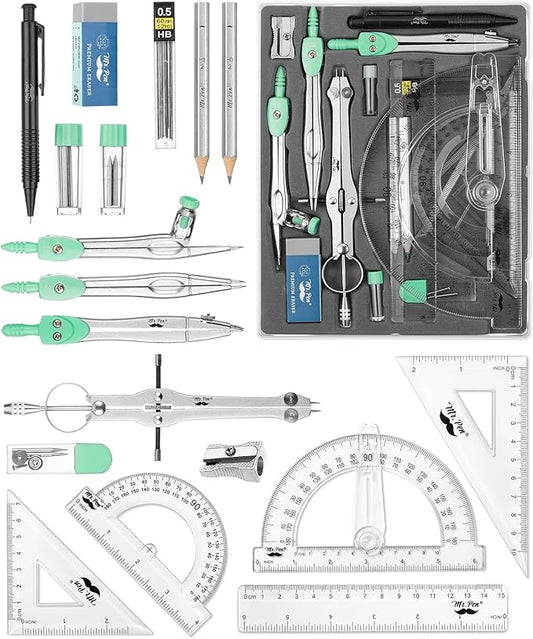 Mr. Pen- Geometry Set, 15 pcs, Green, 6 Inch Swing Arm Protractor, Divider, Set Squares, Ruler, Compasses and Protractor