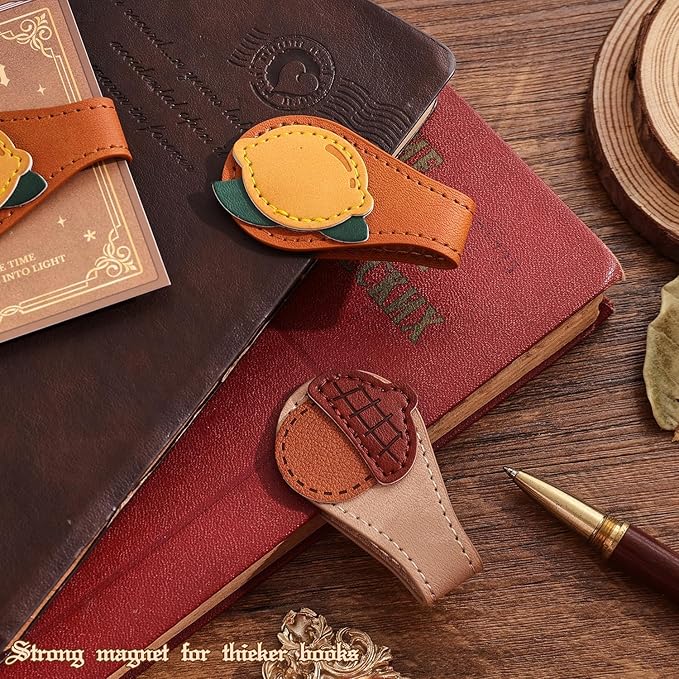 2PCS Vintage Magnetic Leather Bookmark, Leather Magnetic Bookmarks for Women, Magnetic PU Bookmarks Clip Book Accessories, Lemon & Acorn