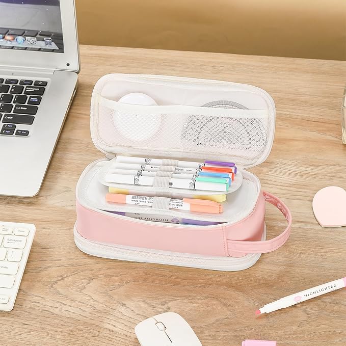Pencil Case Large Zipper Pencil Pouch for Girls Kids Teens Adults Aesthetic Pencil Bag Stationery Organizer Pencil Case with Handle for School Pink