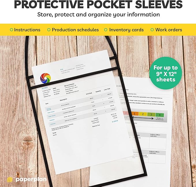 Hanging Job Ticket Holders 9x12 - (30 Pack), 8.5 x 11 Letter Size, Dry Erase Pockets, Clear & Black Plastic Sleeves - Reusable, Water-Resistant