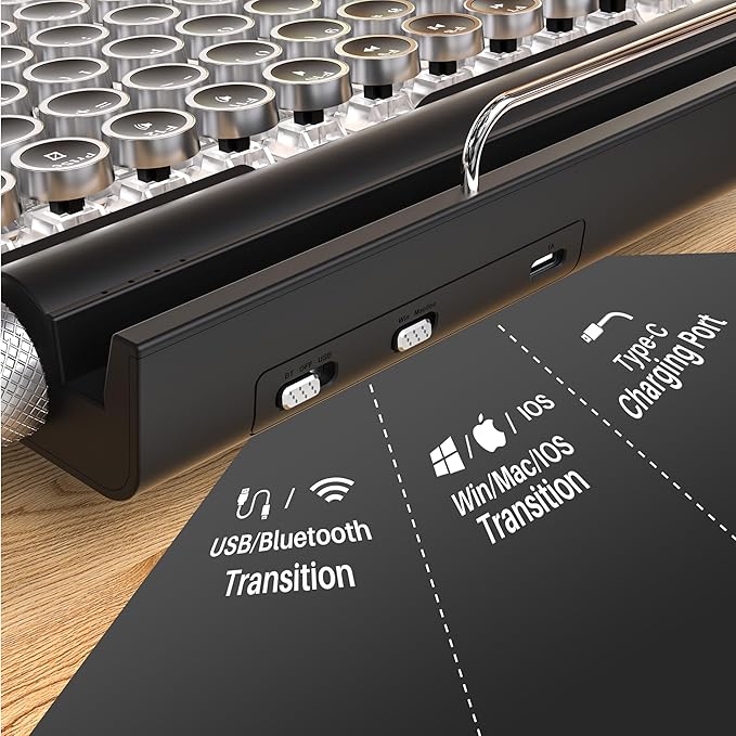 Retro Typewriter Mechanical Keyboard, Wireless Bluetooth 5.0 LED Backlit Office Computer Keyboards with 83-Key Clicky Blue Switches, Vintage Design for PC/Laptop/Mac/Pad/Phone/Gaming, Black