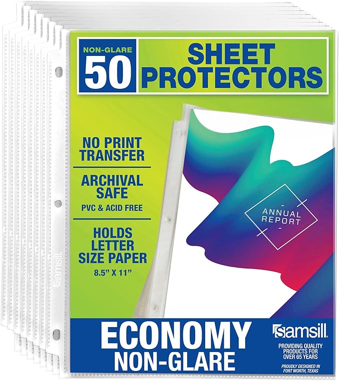 Samsill 50 Pack Sheet Protectors, 8.5x11 Inch Page Protectors for 3 Ring Binder, Standard Weight, Non-Glare Protector, Letter Size, Top Loading, Acid Free