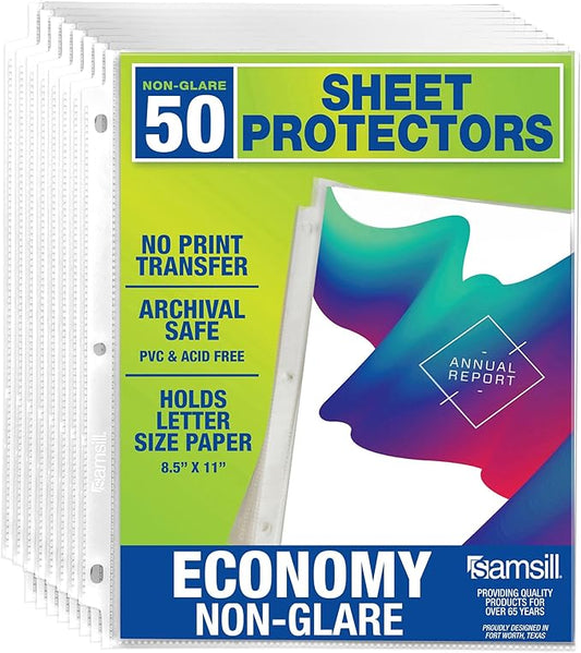 Samsill 50 Pack Sheet Protectors, 8.5x11 Inch Page Protectors for 3 Ring Binder, Standard Weight, Non-Glare Protector, Letter Size, Top Loading, Acid Free