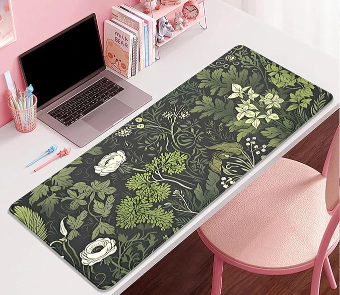 Sage Green Floral and Plant Desk Pad Mouse Pad,Large Gaming Mouse Mat with Stitched Edges,Non-Slip Waterproof Rubber Base Mous Mat for Office Computer Keyboard Laptop Home(27.5X11.8 in)