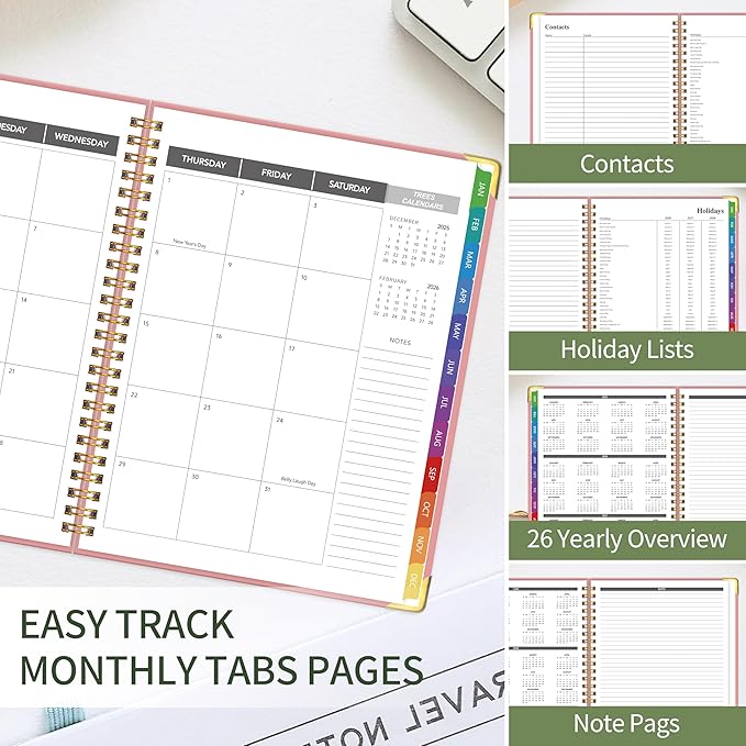 2026 Appointment Book/Planner - 2026 Daily Hourly Planner from Jan. 2026 - Dec. 2026, Weekly appointment Book 2026, 2026 Hourly planner with 20-Minute Interval, 9" x 11", Twin-Wire Binding, Colorful Tabs, Pocket - Pink