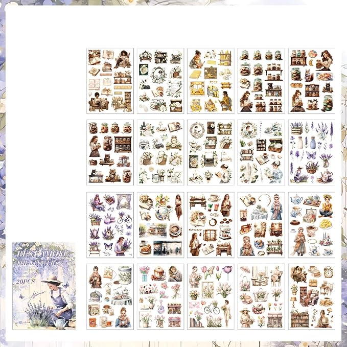 TIAMECH Flowers Resting Sticker Book - Lavender Girl Series, 20 Sheets PET & Washi Stickers for Scrapbooking, Ephemera, Waterproof Junk Journaling Supplies & DIY Crafts (Size 10.5 x 7.1in)