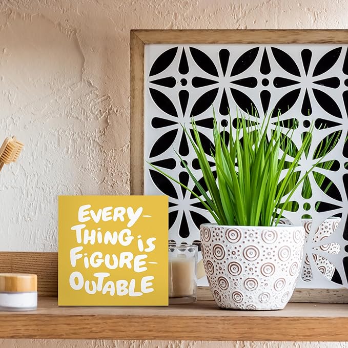Inspirational Yellow Office Decor, Every Thing is Figure Outable Motivational Office Accessories Wooden Box Sign, Inspirational Gifts for Women, Men Wall Desk Shelf Tabletop Decoration