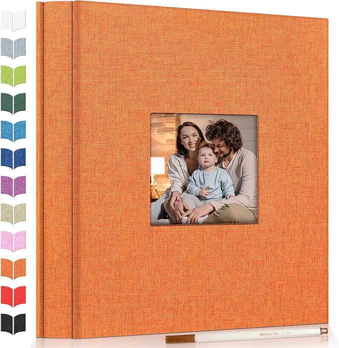 Photo Album Self Adhesive Scrapbook Album for 3x5 4x6 5x7 8x10 Pictures,60 Pages Linen Cover with Display Window DIY Photo Book,Ideal Gifts for Family Travel Wedding Baby