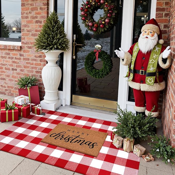 Outdoor Christmas Mats for Front Door, Cotton Washable Buffalo Plaid Rug Reversible Layered Door Mat,Farmhouse Checkered Outside Rugs for Porch Home Decor(Red & White)