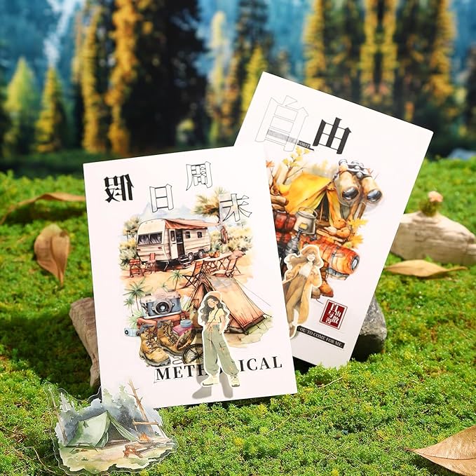 Forest Journey Camping PET Stickers, 120 Pcs Outdoor Adventure Ephemera for Scrapbooking, Journaling, DIY Crafting, and Art Supplies