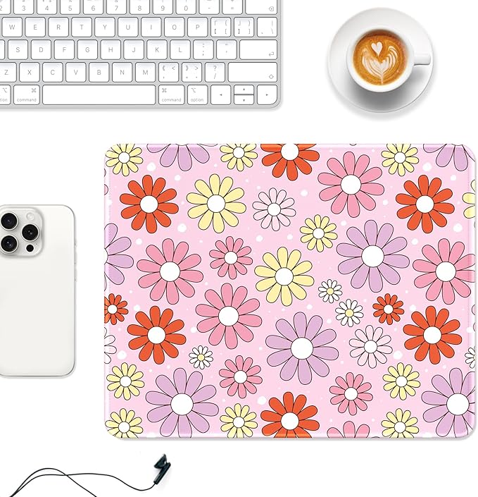 Auhoahsil Mouse Pad, 12 x 10 in Cute Flower Theme Computer Mouse Pad for Desk, Premium-Textured Non-Slip Rubber Stitched Edges Waterproof Square Mouse Mat for Gaming Work Wireless Mice, Pink Purple