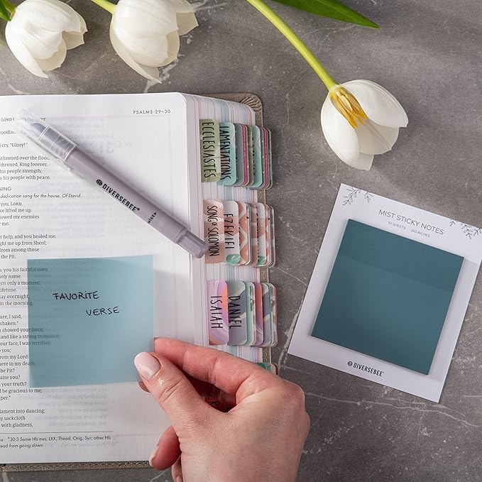 DiverseBee 50 Sheets Pastel Transparent Sticky Notes, 3x3” Clear Sticky Tabs, Translucent Page Flags Book Markers Stickers, Planner Accessories, Bible Journaling Study Office School Supplies (Mist)