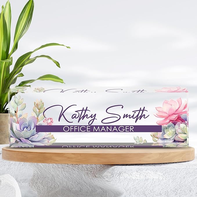 Personalized Name Plate for Desk, Custom Desk Name Plate, Acrylic Name Plate Office Desk Accessories, Personalized Office Gifts for Coworkers Teachers, Employee Appreciation Gifts (A-Blooming)