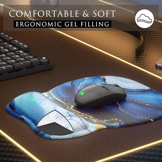 MROCO Ergonomic Mouse Pad with Gel Wrist Rest, Comfortable Mousepad with Smooth Wrist Support Surface and Non-Slip PU Base for Pain Relief, Computer, Laptop, Office & Home, 9.4 x 8.1 in, Blue Marble