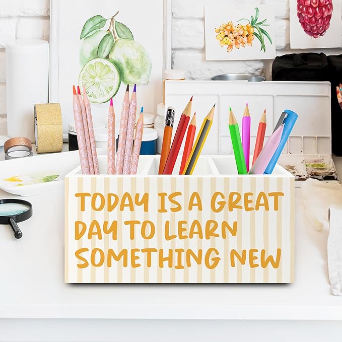 Inspirational Pen Pencil Holder Organizer for Desk, Motivational Gifts for Women, Today Is a Great Day to Learn Something New Wooden Box Sign for Home Office Desk Tabletop Decorations