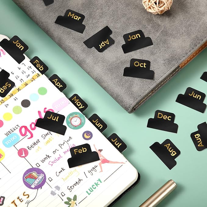 72 Pieces Adhesive Monthly Planner Tabs Monthly Index Stickers Decorative Label Calendar Stickers for Office Study Planner Journal Notebook Back to School Accessories(Black)