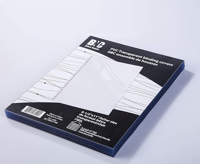 BNC 7 Mil 8-1/2 x 11 Inches, Letter Size PVC Binding Covers - Pack of 100, Clear