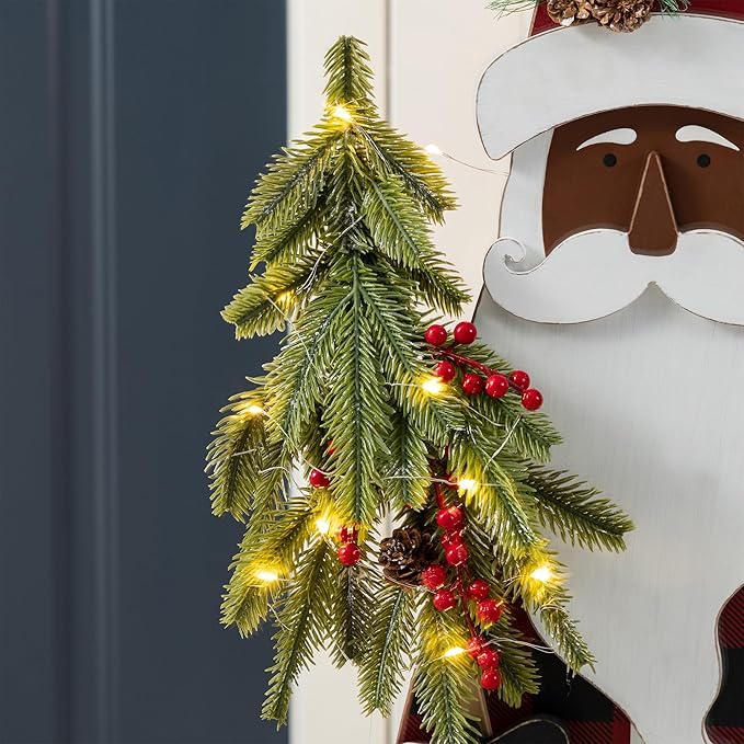 Glitzhome 36''H Lighted Wooden Africa Santa Porch Decor with Timer & LED Lights, Christmas Standing Santa Porch Sign Decor with Xmas Tree and Welcome Plaques for Front Door Outdoor Decor