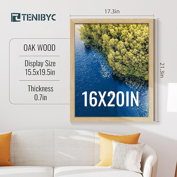 16x20 Frame 3 Pack, Natural Oak Wood Picture Frame with HD Tempered Glass, Display 16x20 or 20x16 photos, posters and Art Prints, Wall Hanging