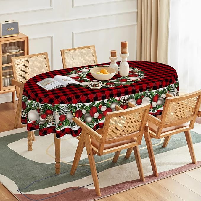 Horaldaily Christmas Tablecloth 60×84 Inch Oval, Christmas Ball Ornaments Red Bufalo Plaid Washable Table Cover for Party Picnic Dinner Decor