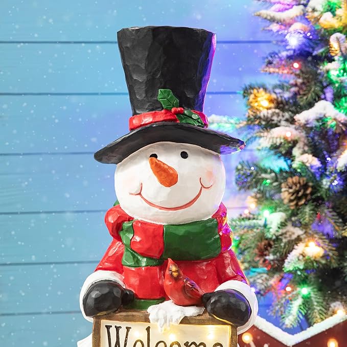 Glitzhome 29.25"H Christmas Resin Snowman Porch Decor with 8 Warm Lights and Timer, Xmas Winter Wall Yard Standing for Patio Front Porch Indoor Outdoor Home Welcome Sign Decor