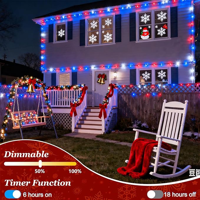 1500 LED 470FT Christmas Lights Outdoor, Christmas String Fairy Lights with Timer & Memory, Waterproof 12 Modes Dimmable Twinkle Tree Lights for Home Patio Wedding Party Yard Decor, Red White & Blue