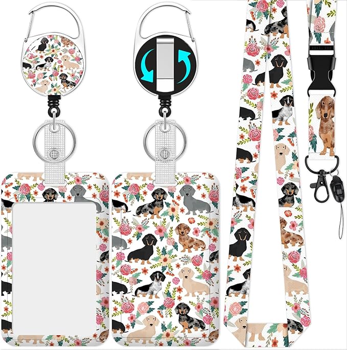 Floral Dogs Lanyard with Id Holder, Cute ID Badge Holder with Retractable Lanyard, ID Holder with Badge Reel Clips, Animal Keychain Name Tag ID Card Holder Teacher Women Doctor Office Gift