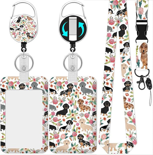 Floral Dogs Lanyard with Id Holder, Cute ID Badge Holder with Retractable Lanyard, ID Holder with Badge Reel Clips, Animal Keychain Name Tag ID Card Holder Teacher Women Doctor Office Gift