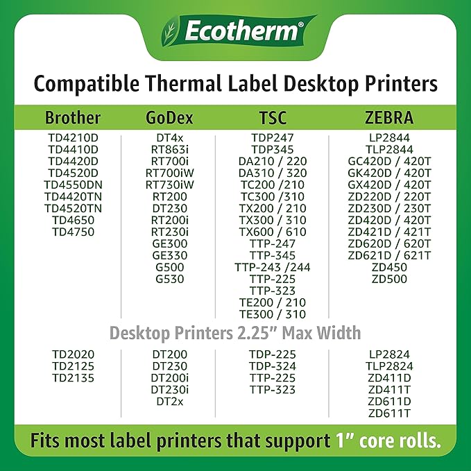 4" x 6.5" Thermal Labels | 6 Rolls | 2280 Labels | fits Zebra, Munbyn, Rollo, Godex, Arkscan, iDPRT, Offnova Thermal Label Printers and More | Blank White Adhesive Stickers by Ecotherm