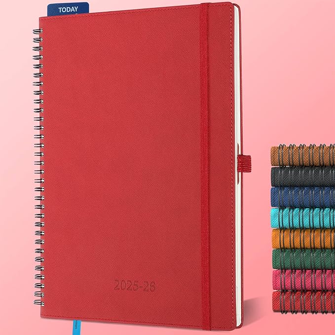 Planner 2025-2026 Daily Weekly and Monthly,11.5"x8.5",18 Months Spiral Bound Calendar Agenda with Self-adhesive Pen Holder,2026 Academic Plan with Vegan Leather Soft Cover,Red