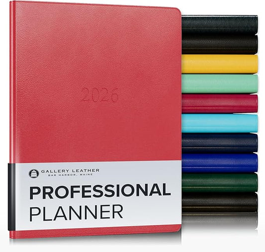 Gallery Leather Professional Weekly Monthly Planner 2026, Elegantly Bound Calendar Planner and Notebook with Stylish Gold-Gilded Page Edges, 12 Months - Caribbean Red - 9 x 7 "