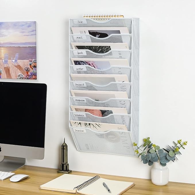 PAG Hanging Wall File Holder Organizer Mail Sorter Literature Rack for Office, 8 Pockets, White
