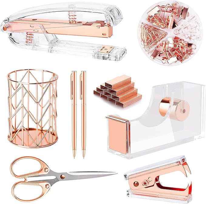 Famassi Rose Gold Desk Accessories，Office Supplies Set Acrylic Stapler Set Staple Remover, Tape Holder, 2 Ballpoint Pen, Scissor, Binder/Paper Clips and 1000pcs Staples.