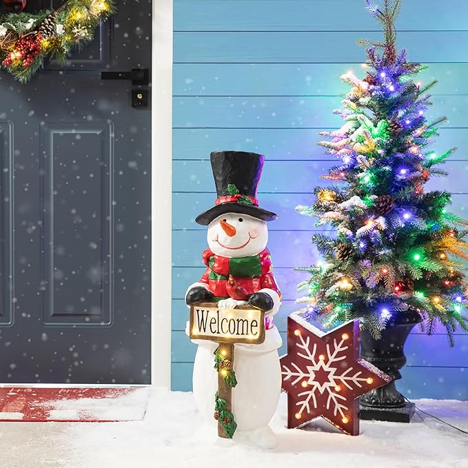 Glitzhome 29.25"H Christmas Resin Snowman Porch Decor with 8 Warm Lights and Timer, Xmas Winter Wall Yard Standing for Patio Front Porch Indoor Outdoor Home Welcome Sign Decor