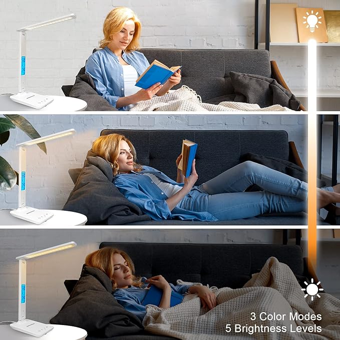 Desk Lamp with Wireless Charger，USB Charging Port, Dimmable Office Desk Light with Clock, Alarm, Date, Temperature, Foldable Lamp for Table Bedroom Bedside Office (White, Standard Size-13.3 inch)