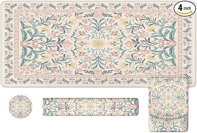 iLeadon Pink Desk Mat Set Cute, Non-Slip Mouse and Keyboard Pad Mat for Desk, Ergonomic Desk Mouse Pad Extra Large, Floral Teacher Desk Mat with Wrist Rest for Women Home Office